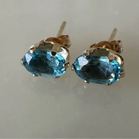 14k Solid Gold Blue Topaz Oval Post Earrings - Picture 13 of 13